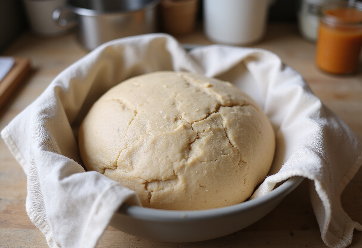 Whole wheat dough rising in a bowl for Pan Integral production.