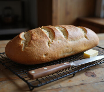 Pan integral recién horneado, listo para disfrutar, con un cuchillo y mantequilla, como el pan de la abuela.