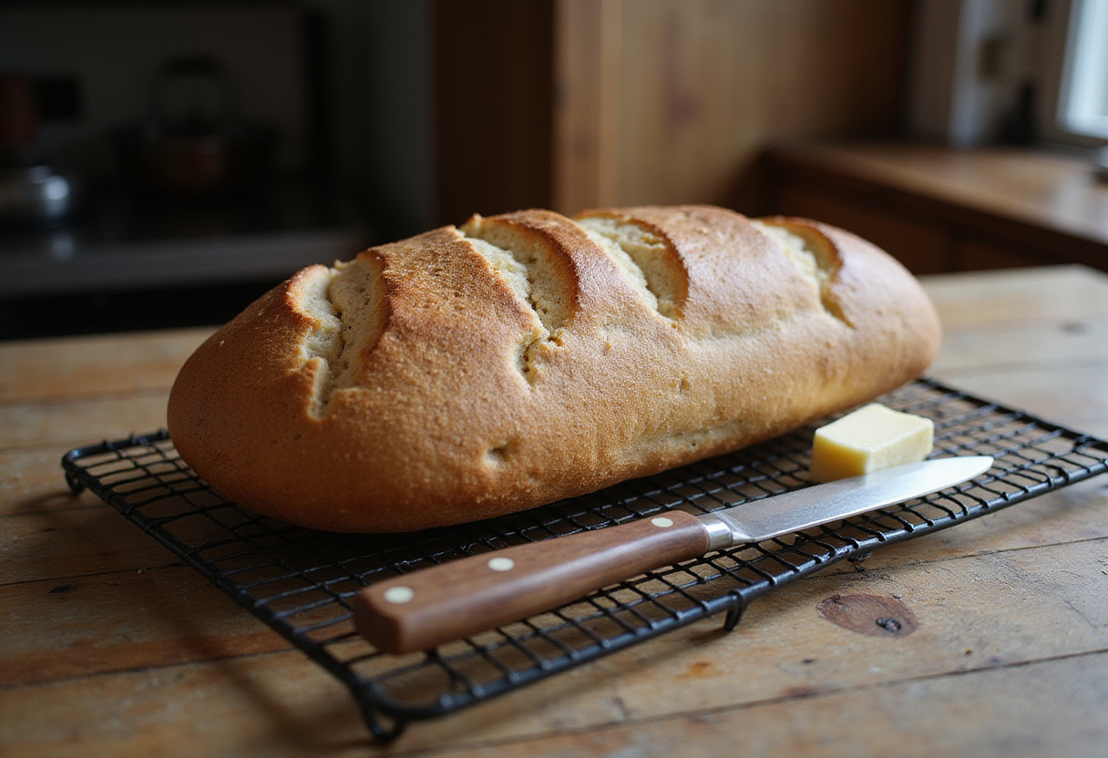 Pan integral recién horneado, listo para disfrutar, con un cuchillo y mantequilla, como el pan de la abuela.