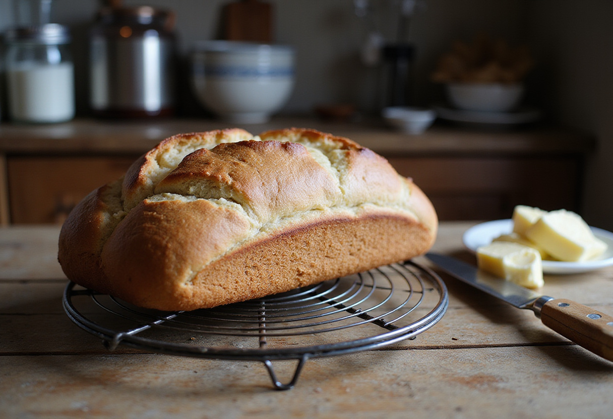 Pan integral recién horneado, listo para disfrutar, con un cuchillo y mantequilla, como el pan de la abuela.