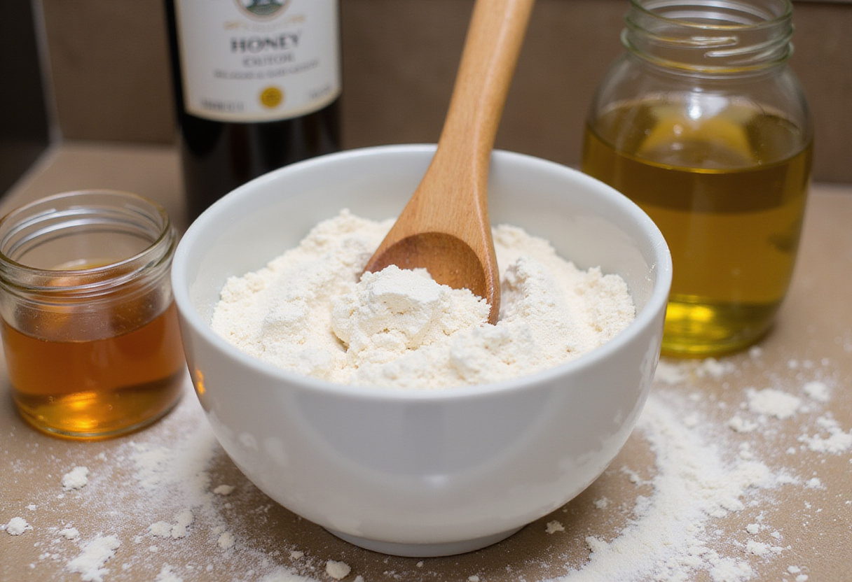 Mezclando harina con miel y aceite de oliva para la masa del pan integral.