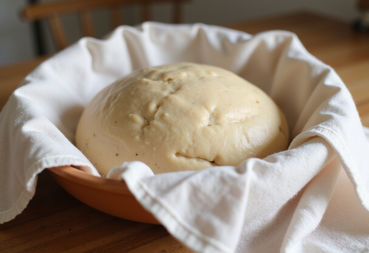 Masa de pan integral en reposo y fermentación en un bol en la cocina.
