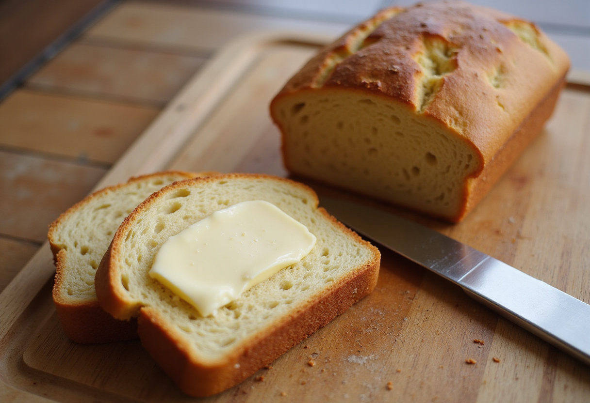 Freshly baked keto bread slices with butter, showcasing Pan Keto recipe.