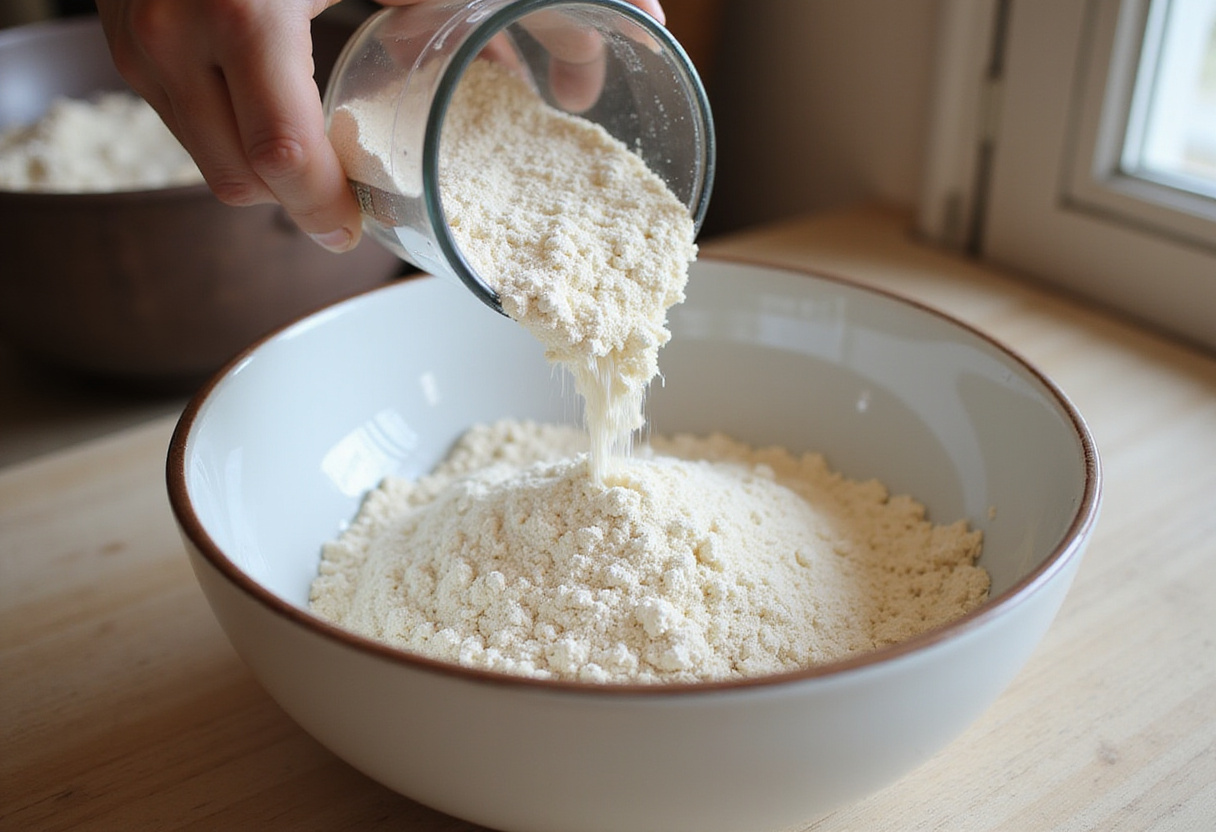 Almond flour being measured for keto bread recipe, Pan Keto.