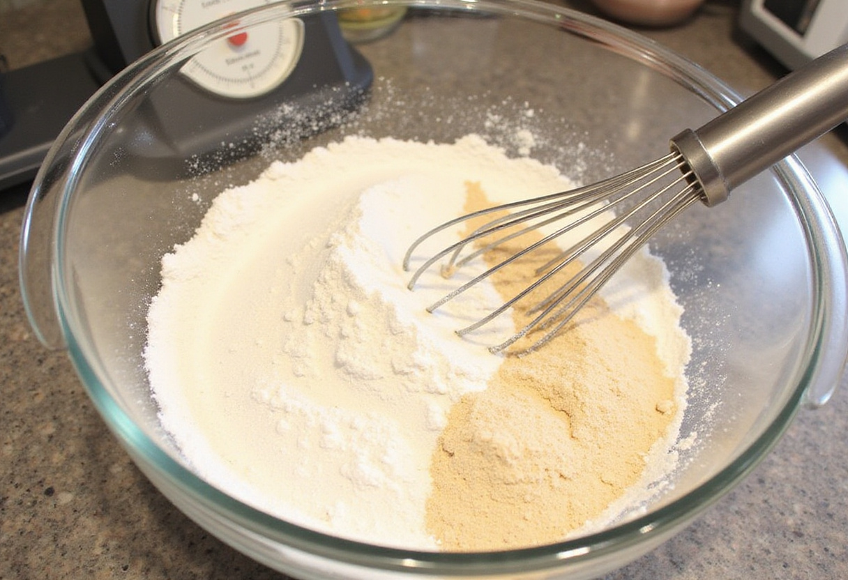 Dry ingredients for keto bread being whisked in a bowl, preparing Pan Keto.