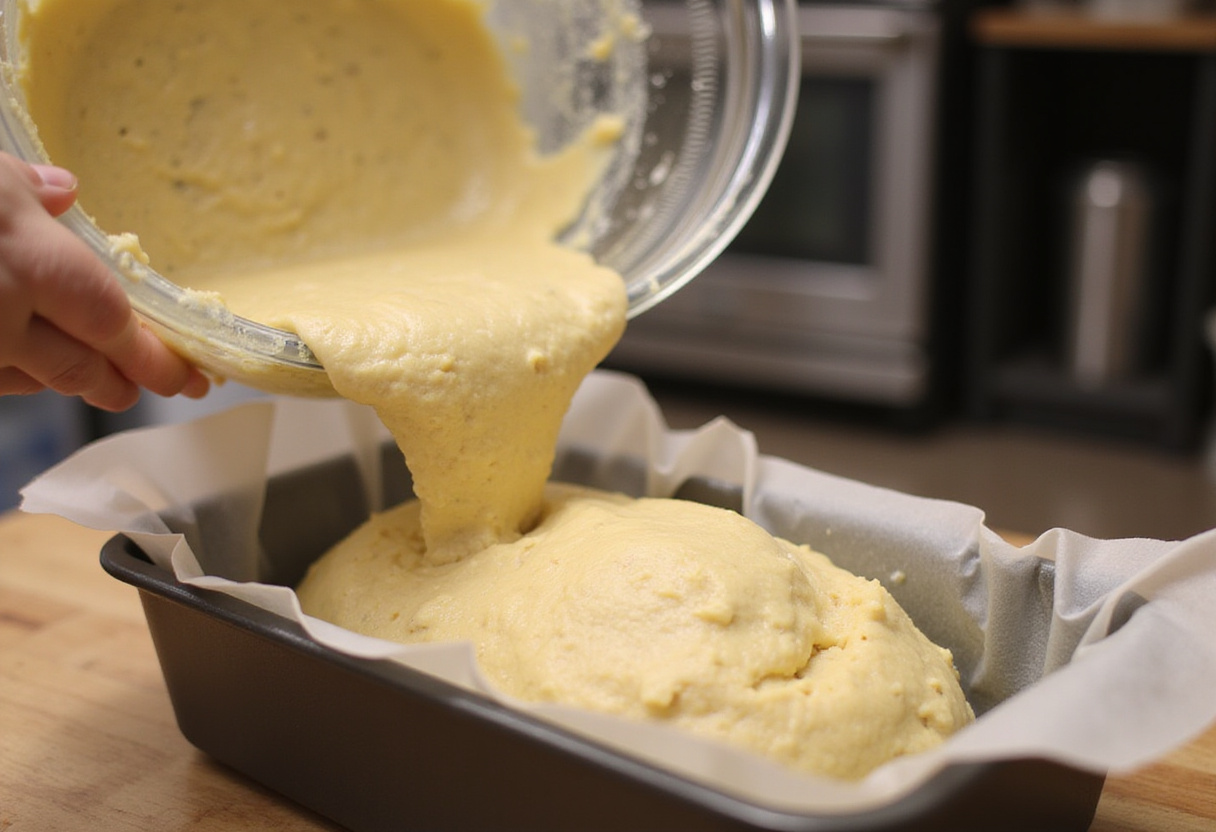 Keto bread dough being poured into a loaf pan for baking the Pan Keto.