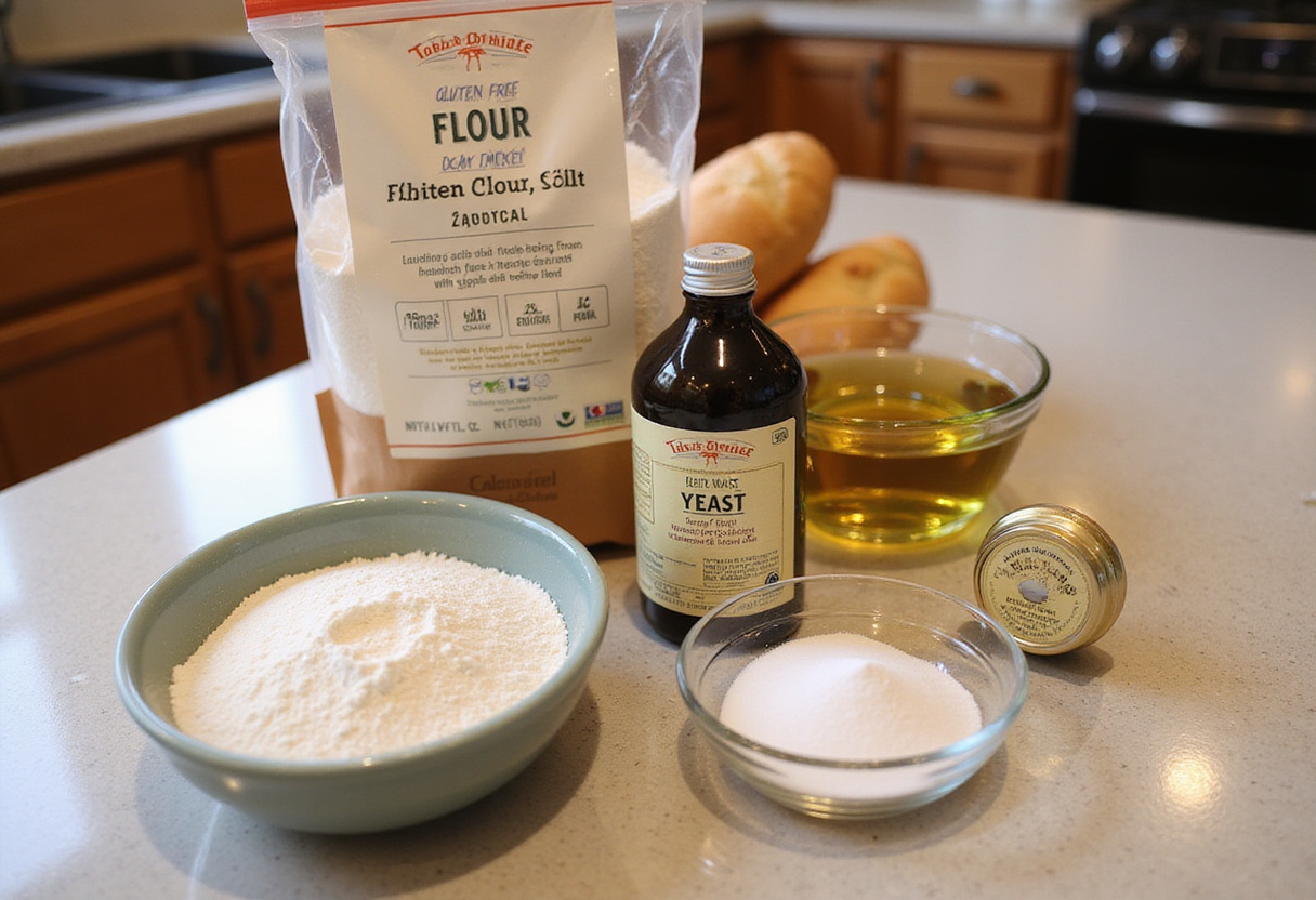 Ingredientes para preparar pan sin gluten, perfecto para dietas celíacas: harina, levadura, sal, aceite.