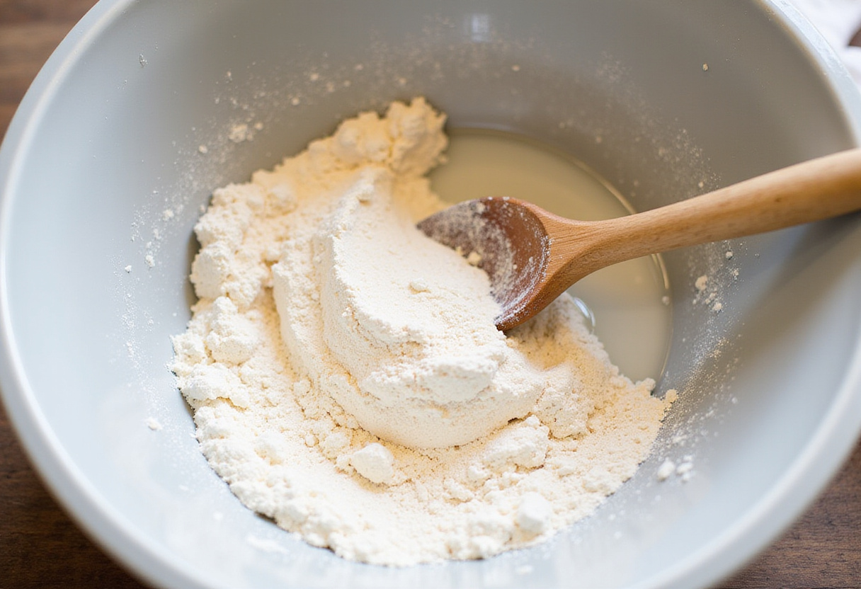 Mezclando harina sin gluten en un tazón para comenzar a hacer Pan Sin Gluten.