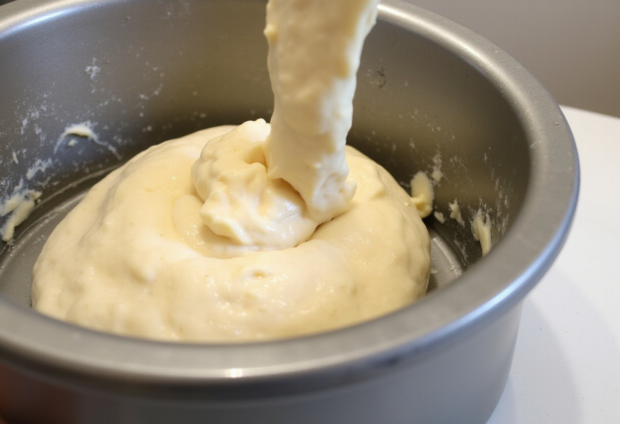 Vierta la masa sin gluten en un molde para pan engrasado para hornear Pan Sin Gluten.