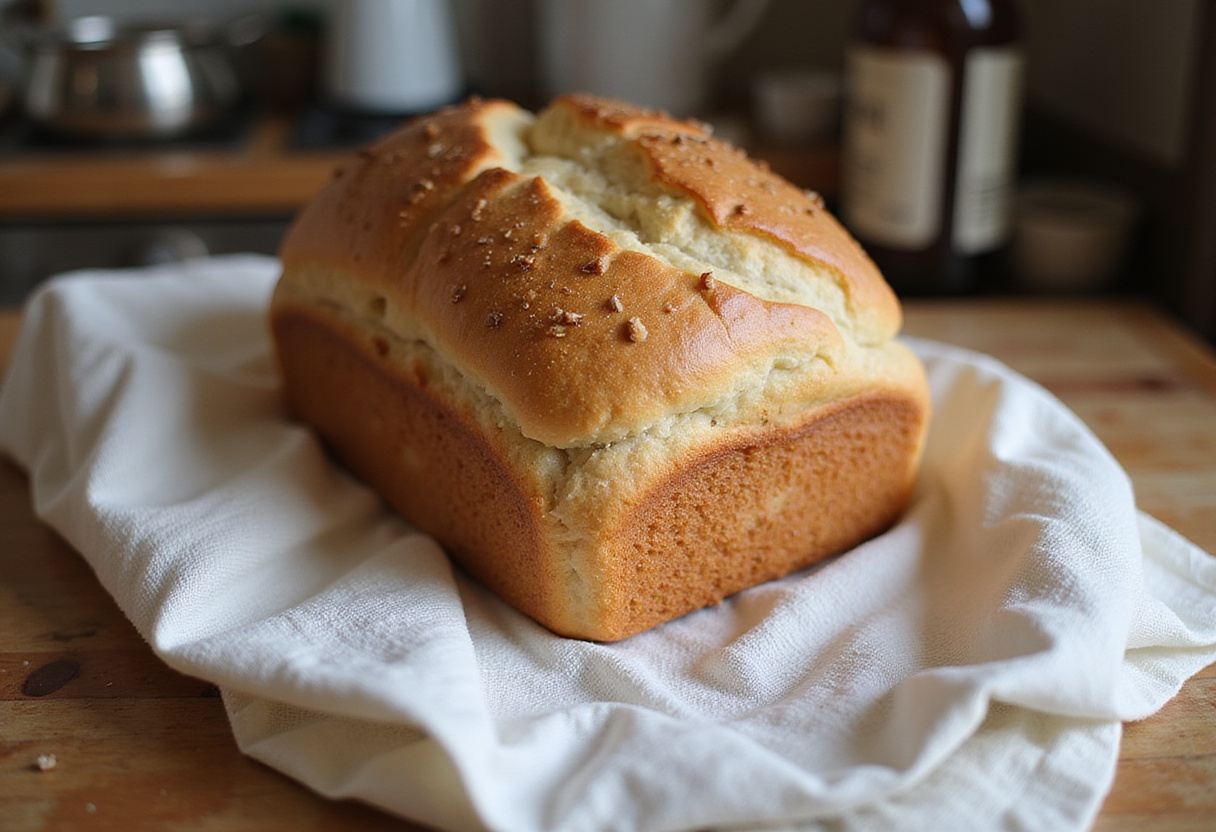 Masa de pan sin gluten elevándose debajo de una toalla antes de hornear.