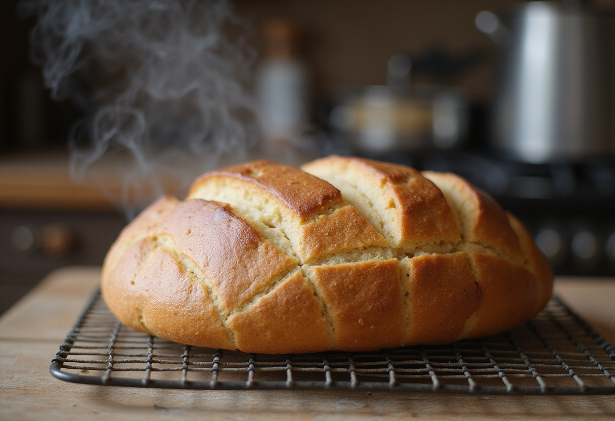 Pan Sin Gluten como lo hacía la abuela recién horneado, enfriándose sobre una rejilla.