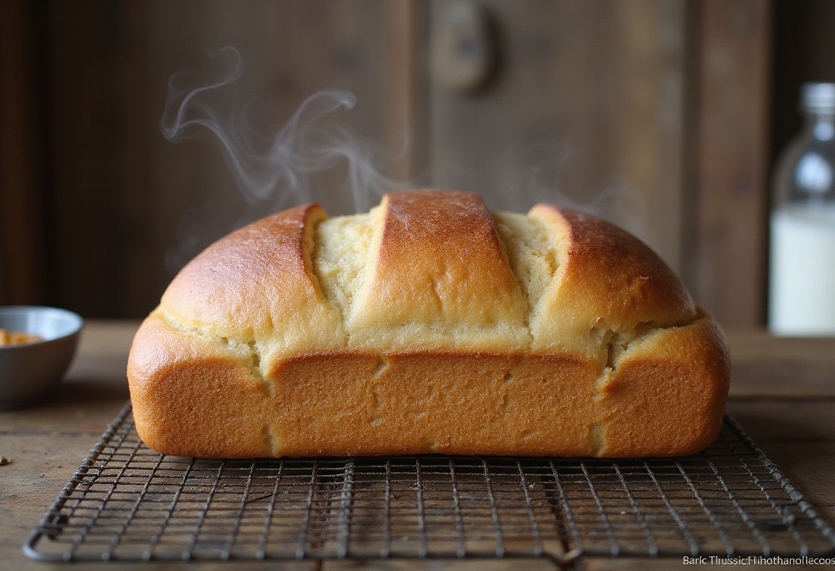 Pan Sin Gluten como lo hacía la abuela recién horneado, enfriándose sobre una rejilla.