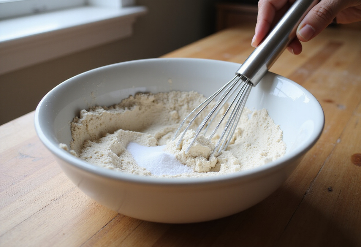Mezcla de harina sin gluten, levadura y sal en un tazón para preparar Pan Sin Gluten como lo hacía la abuela.