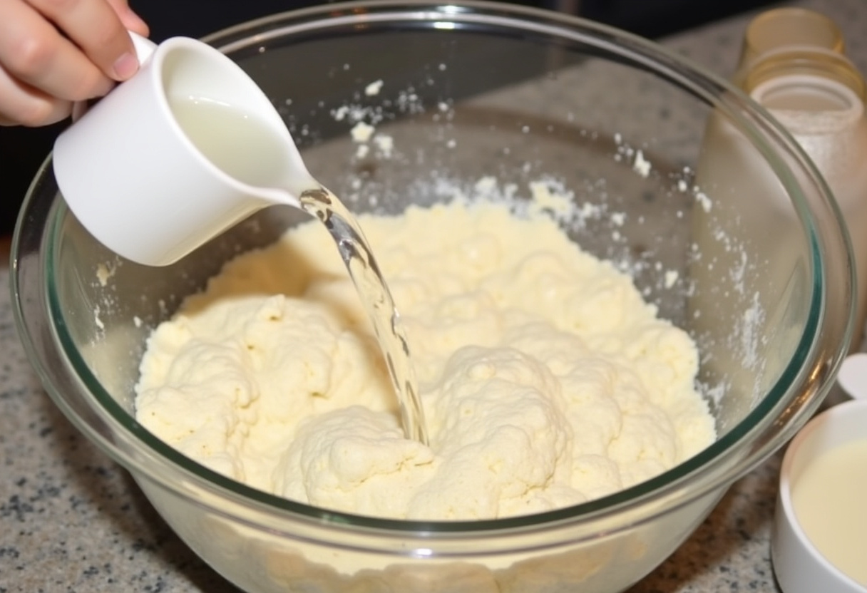Agregando agua tibia a la mezcla de harina para Pan Sin Gluten casero.