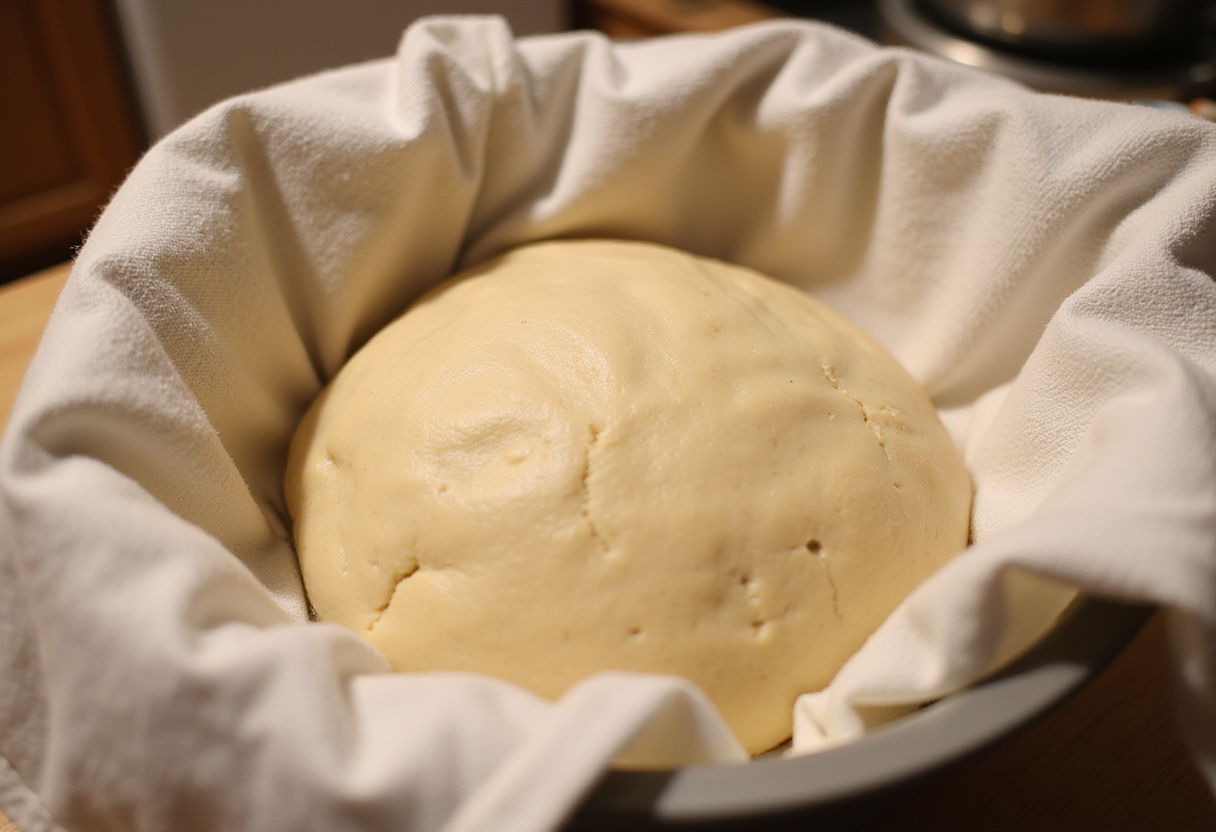 Masa sin gluten reposando en un tazón para el Pan Sin Gluten como lo hacía la abuela.