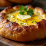 Pan de ajo casero recién horneado, dorado y crujiente, listo para servir.