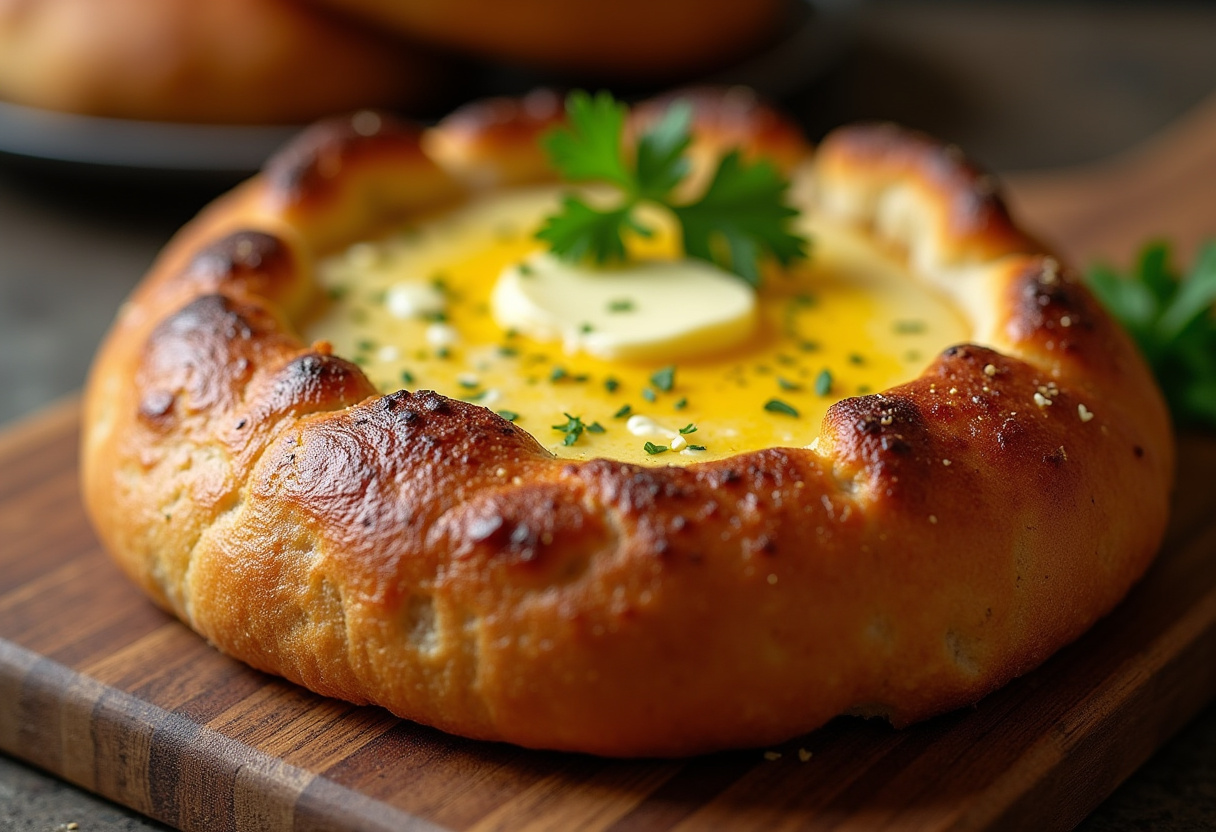 Pan de ajo casero recién horneado, dorado y crujiente, listo para servir.