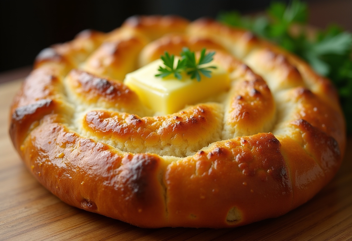 Pan de ajo casero recién horneado, dorado y crujiente, listo para servir.