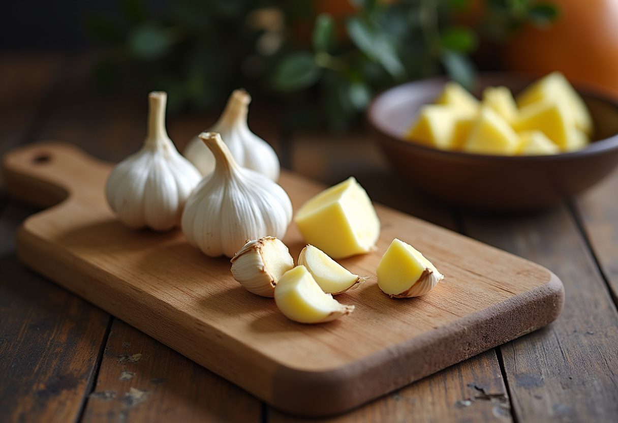 Ingredientes frescos para pan de ajo casero: ajo y mantequilla sobre una tabla de cortar.