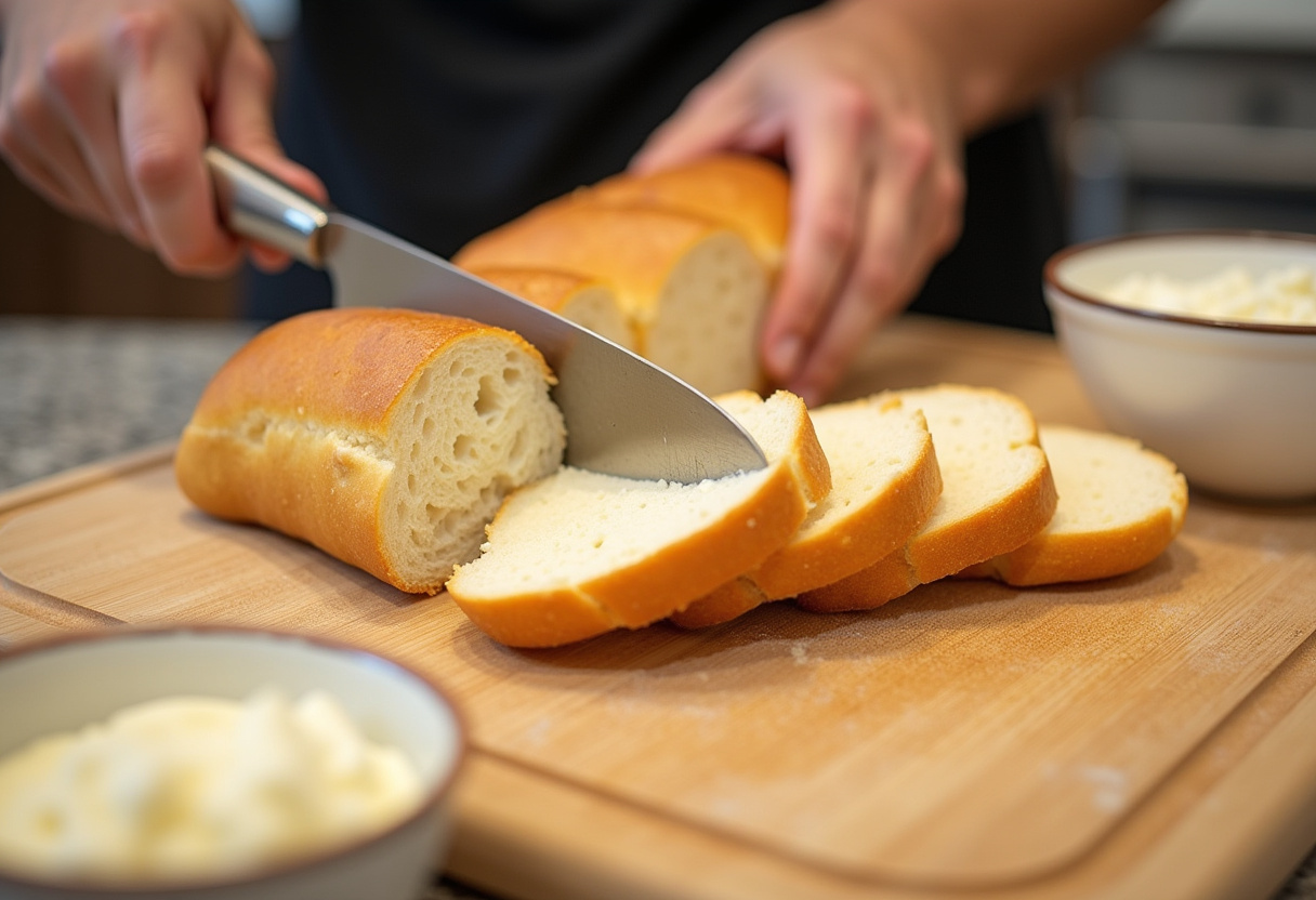 Baguette fresco siendo cortado en rebanadas para preparar pan de ajo casero.