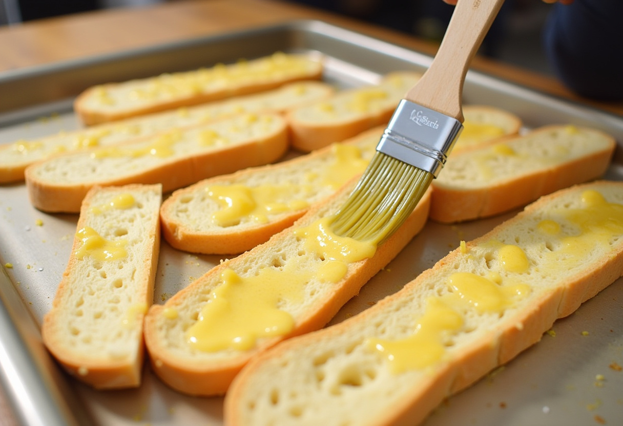 Rebanadas de pan siendo untadas con la mezcla de ajo y mantequilla antes de hornear.