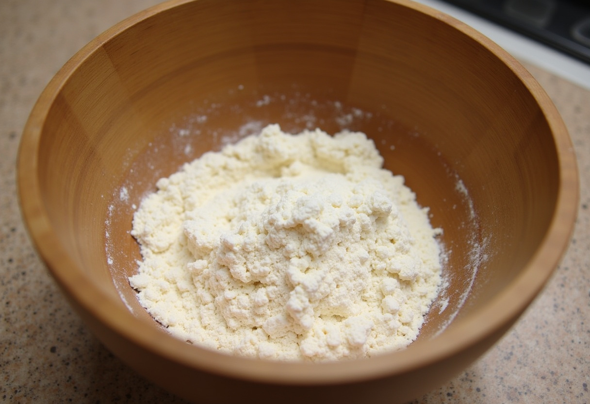 Ingredientes secos listos para mezclar en un tazón de madera para hacer Panquemado valenciano.