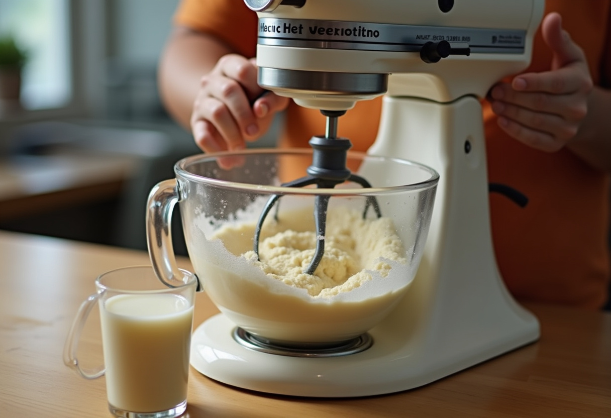 Mezcladora eléctrica amasando la masa del Panquemado valenciano con leche tibia.