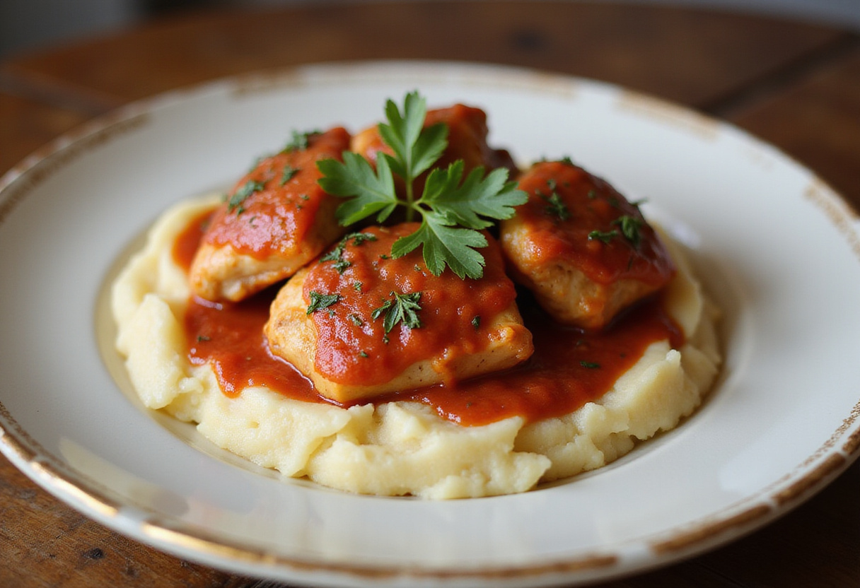 Deliciosos muslos de pollo en salsa receta de la abuela servidos sobre puré de papas.