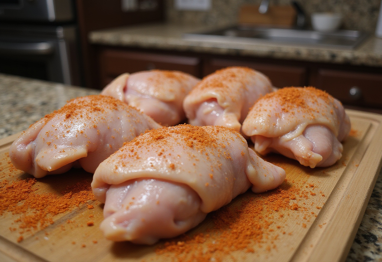 Muslos de pollo crudos sazonados listos para la preparación de la Receta De La Abuela.