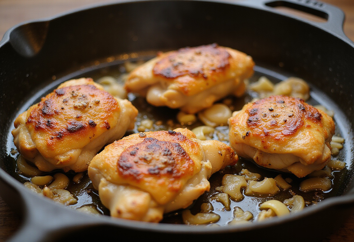Muslos de pollo dorándose en una sartén para la receta tradicional.
