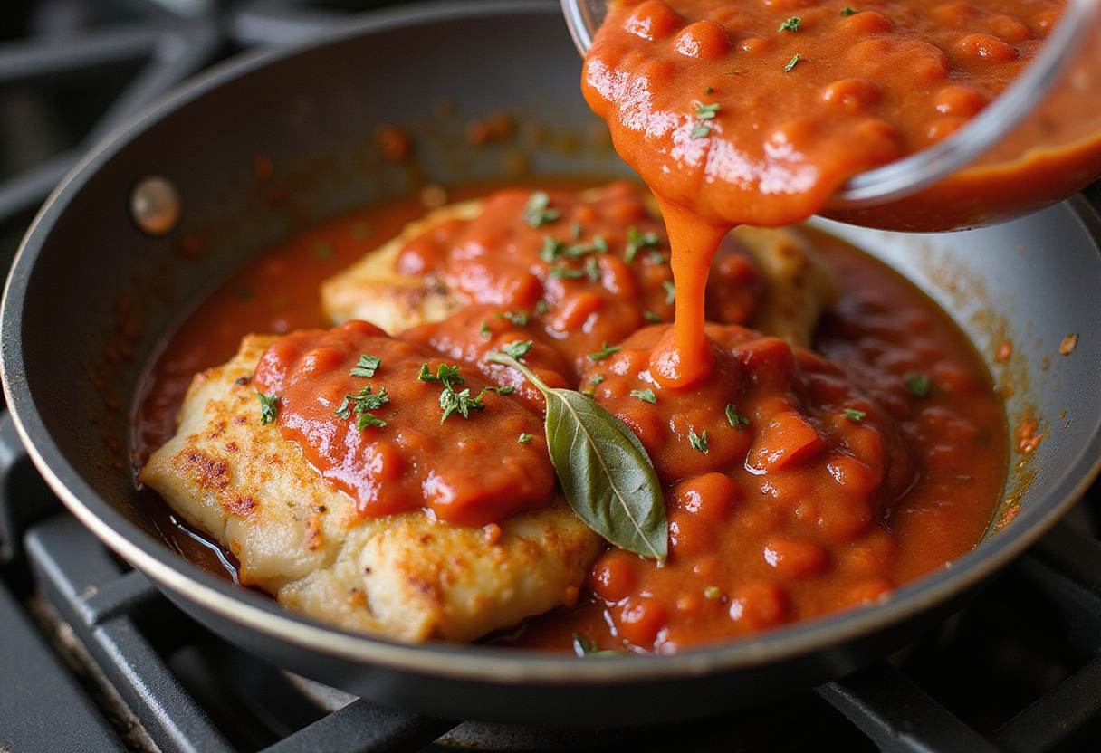Salsa de tomate vertiéndose sobre los muslos de pollo para la receta de la abuela.