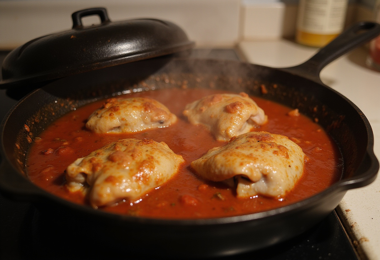 Muslos de pollo cociéndose a fuego lento en salsa de tomate al estilo de la abuela.