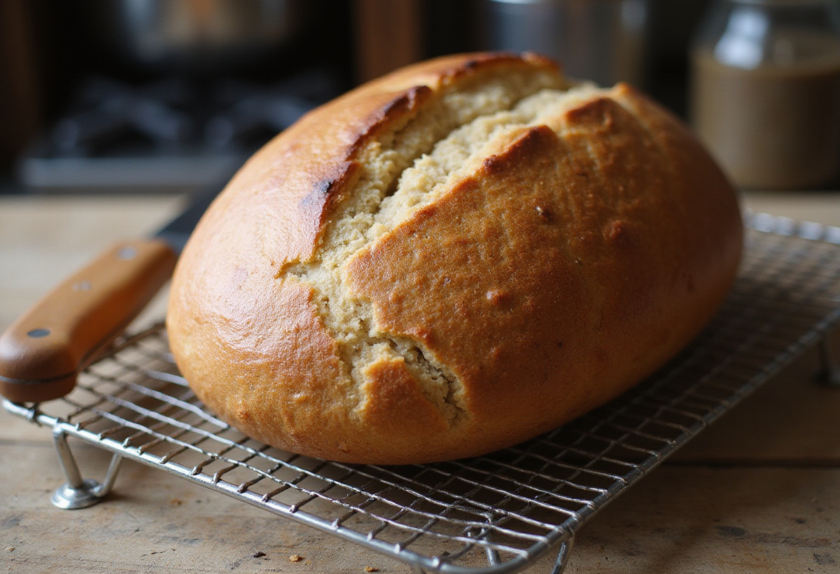 Pan De Trigo Sarraceno recién horneado enfriándose en una rejilla.
