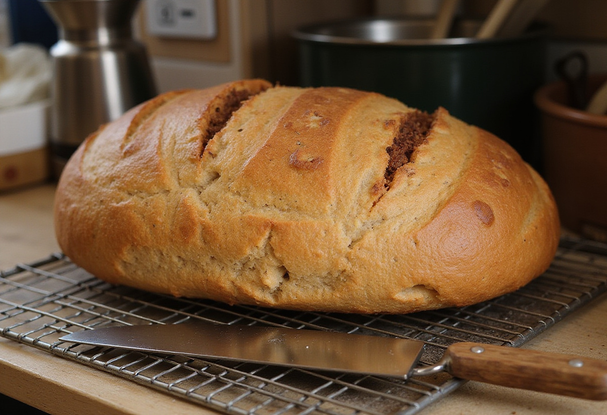 Pan De Trigo Sarraceno recién horneado enfriándose en una rejilla.