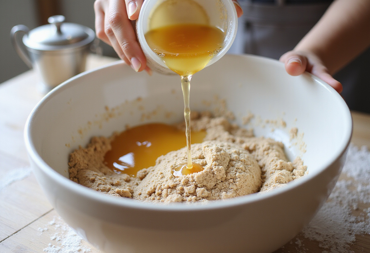Agua tibia y miel vertiéndose sobre ingredientes secos para masa de Pan De Trigo Sarraceno.