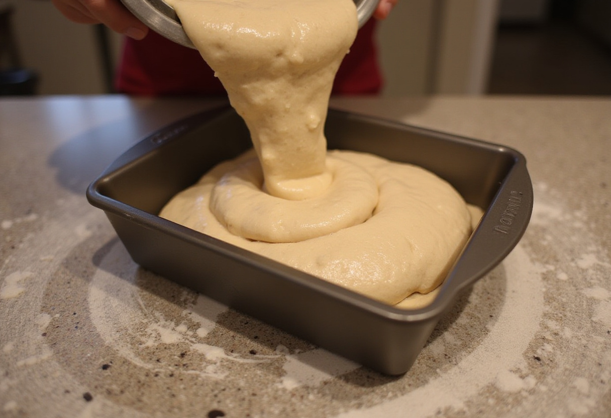 La masa de Pan De Trigo Sarraceno vertida en un molde para hornear engrasado.