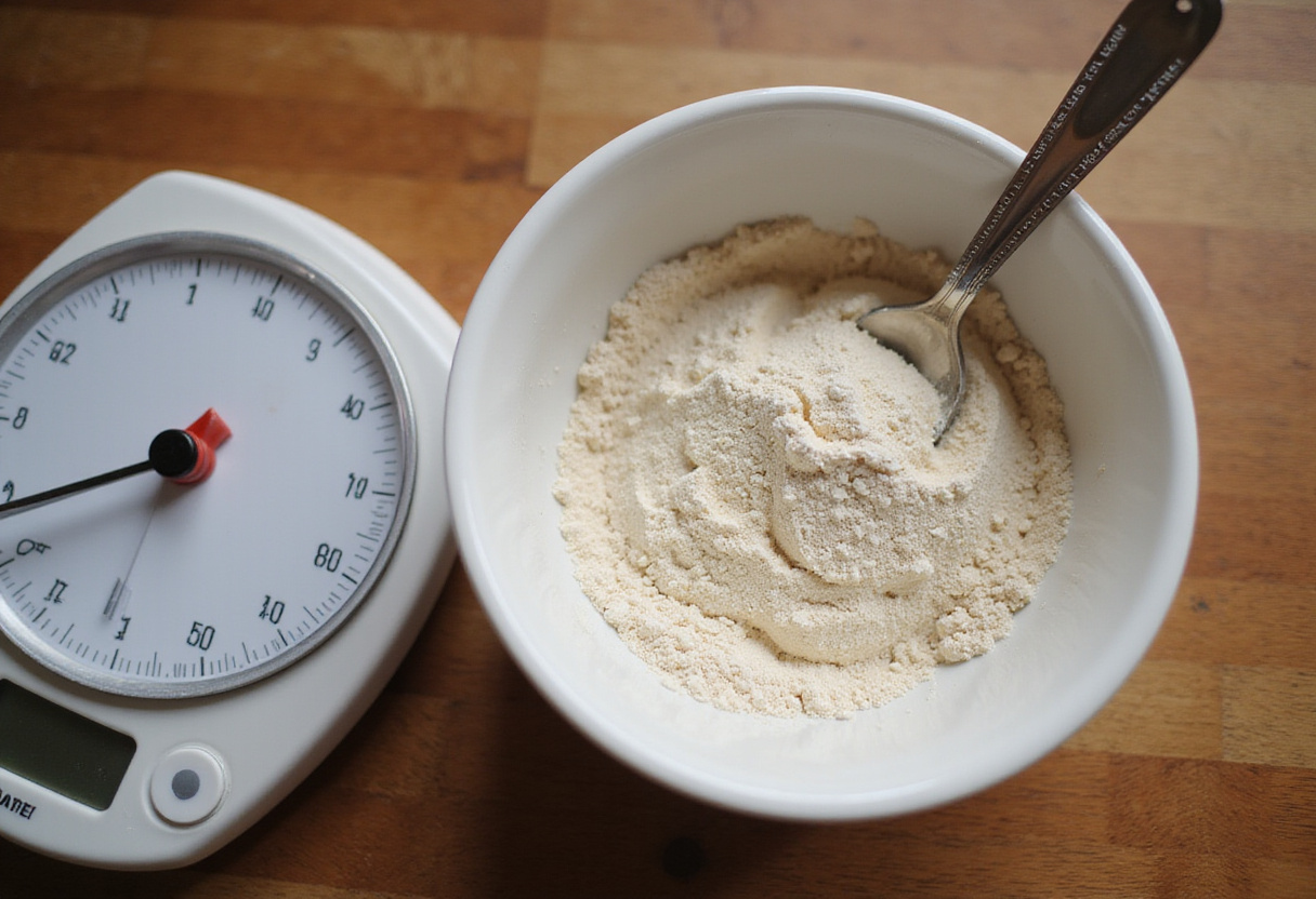Almond flour being measured for a simple keto bread recipe.