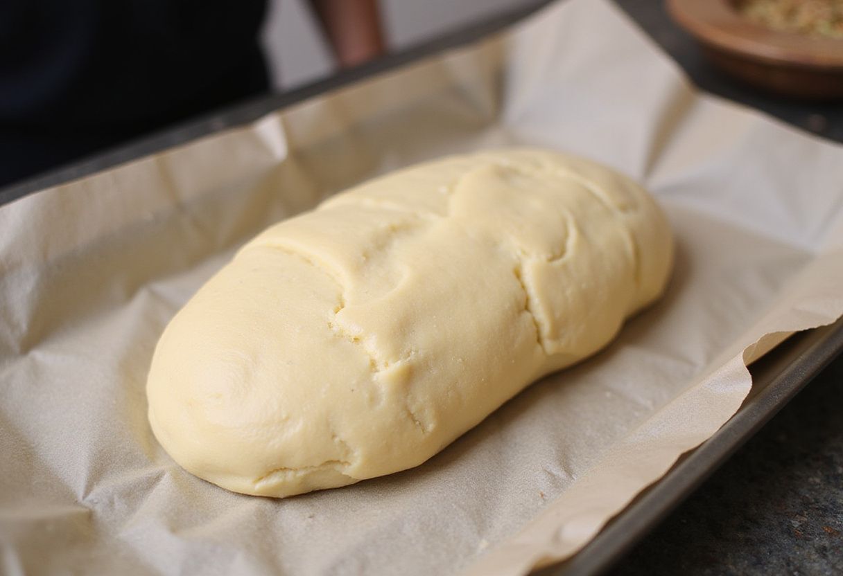 Forming keto bread loaf on parchment paper before baking.