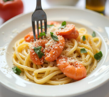 Pasta Cremosa con Langostinos terminada, decorada con perejil y queso parmesano, lista para servir.