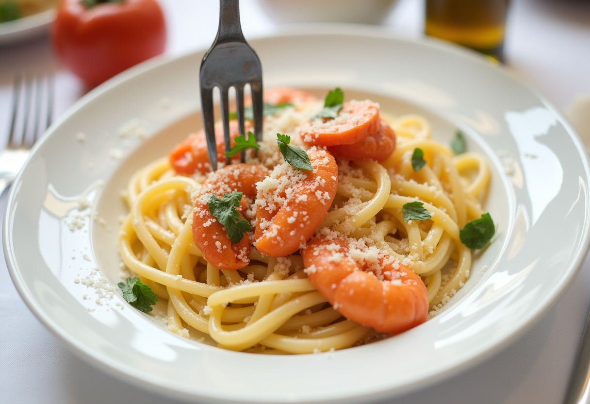 Pasta Cremosa con Langostinos terminada, decorada con perejil y queso parmesano, lista para servir.