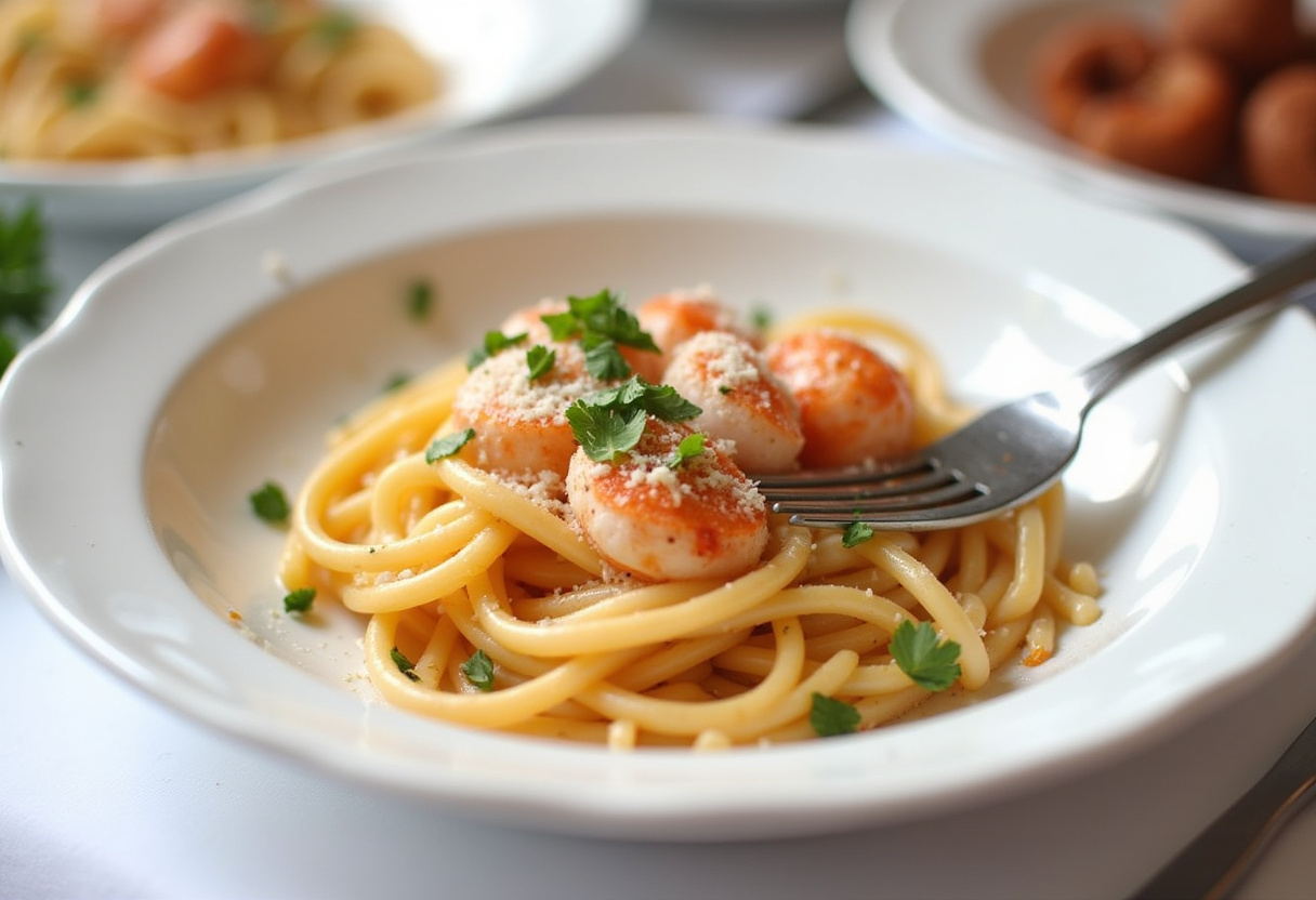 Pasta Cremosa con Langostinos terminada, decorada con perejil y queso parmesano, lista para servir.