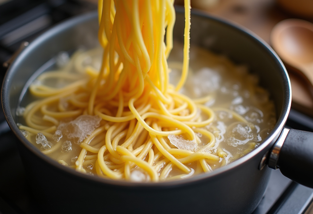 Pasta hirviendo en agua para preparar Pasta Cremosa con Langostinos.