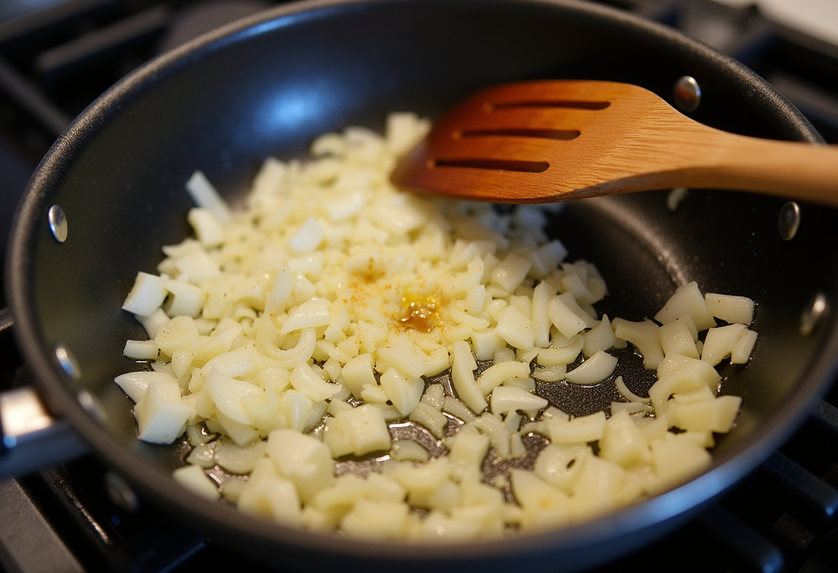 Ajo y cebolla salteándose en aceite de oliva para la base de la Pasta Cremosa con Langostinos.