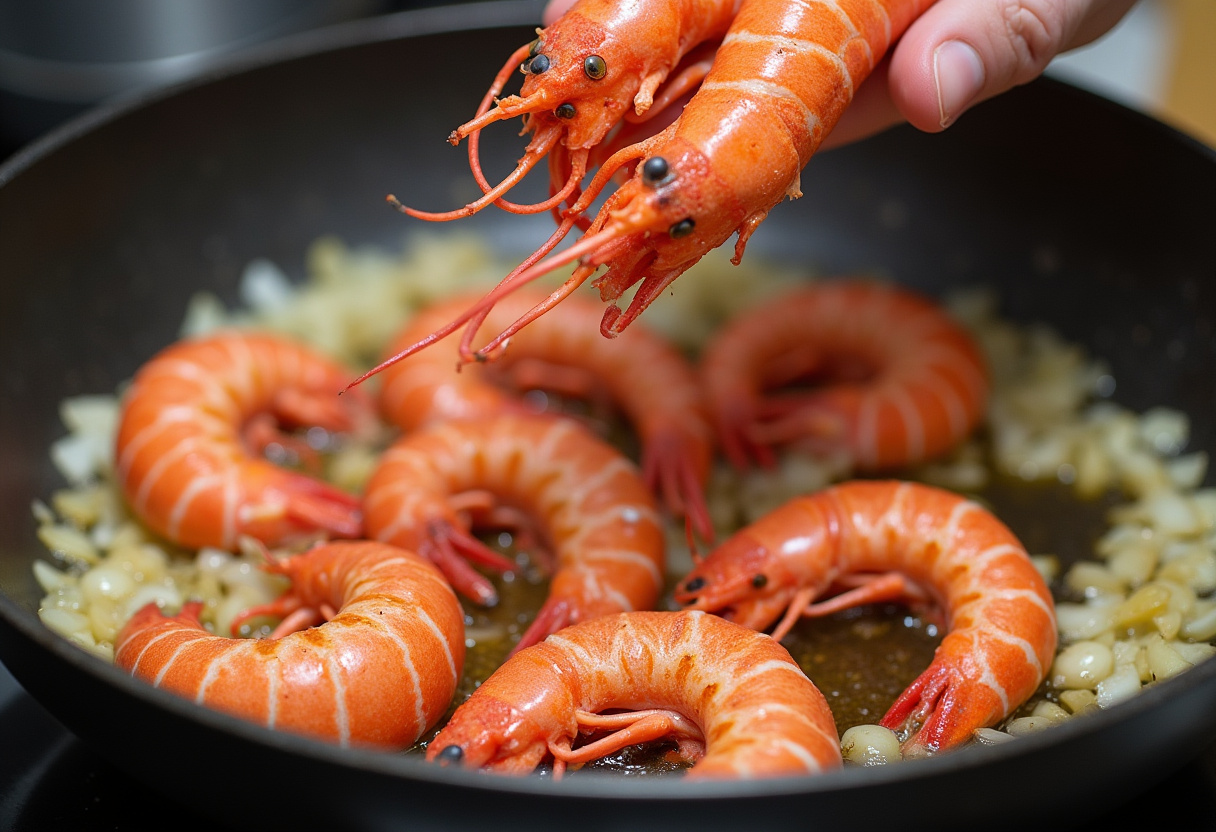 Langostinos frescos cocinándose con ajo y cebolla para la Pasta Cremosa.