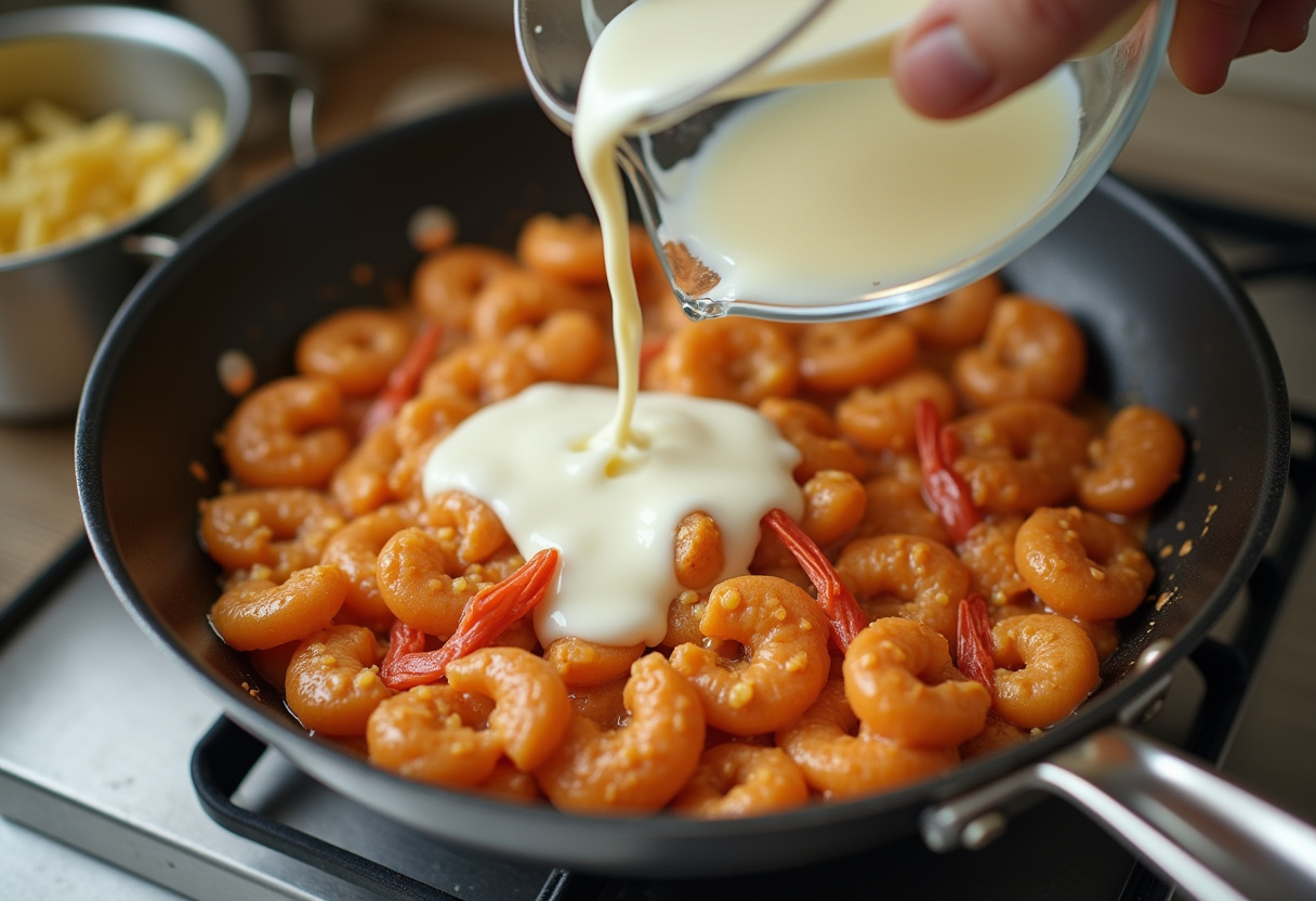 Crema espesa vertiéndose sobre los langostinos para formar una salsa cremosa.