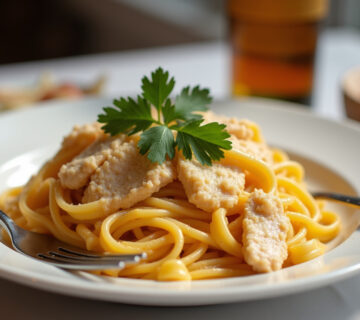 Plato terminado de Pasta Cremosa con Pollo, decorado con perejil y queso Parmesano, listo para servir.