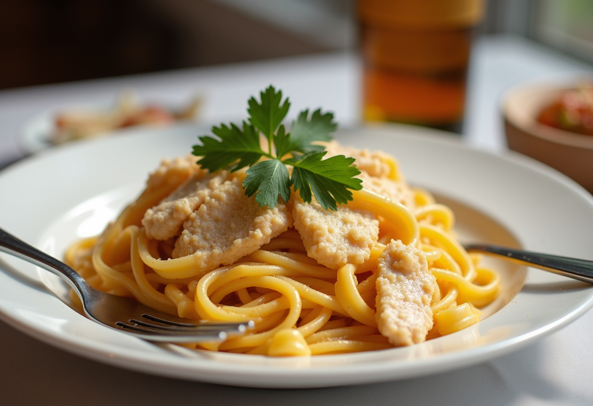 Plato terminado de Pasta Cremosa con Pollo, decorado con perejil y queso Parmesano, listo para servir.