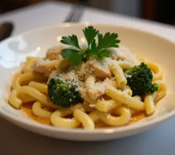 Finished Pasta con Brocoli y Pollo dish, garnished with parsley and Parmesan, ready to serve.