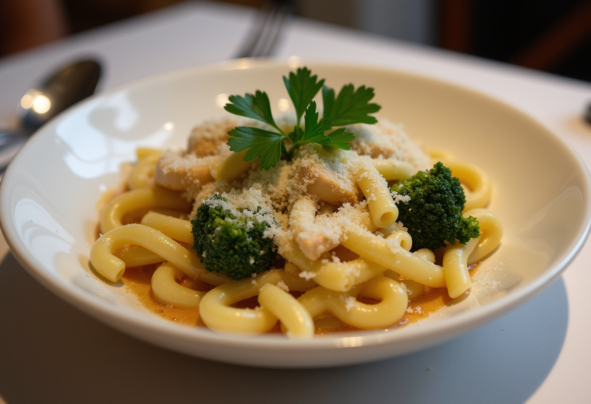 Finished Pasta con Brocoli y Pollo dish, garnished with parsley and Parmesan, ready to serve.