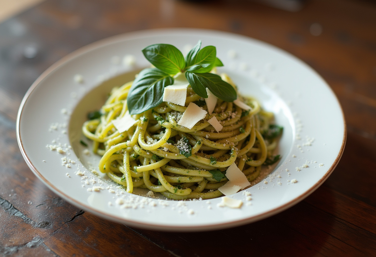 Plato terminado de pasta fresca con pesto de rúcula, decorado con hojas de rúcula y queso parmesano.